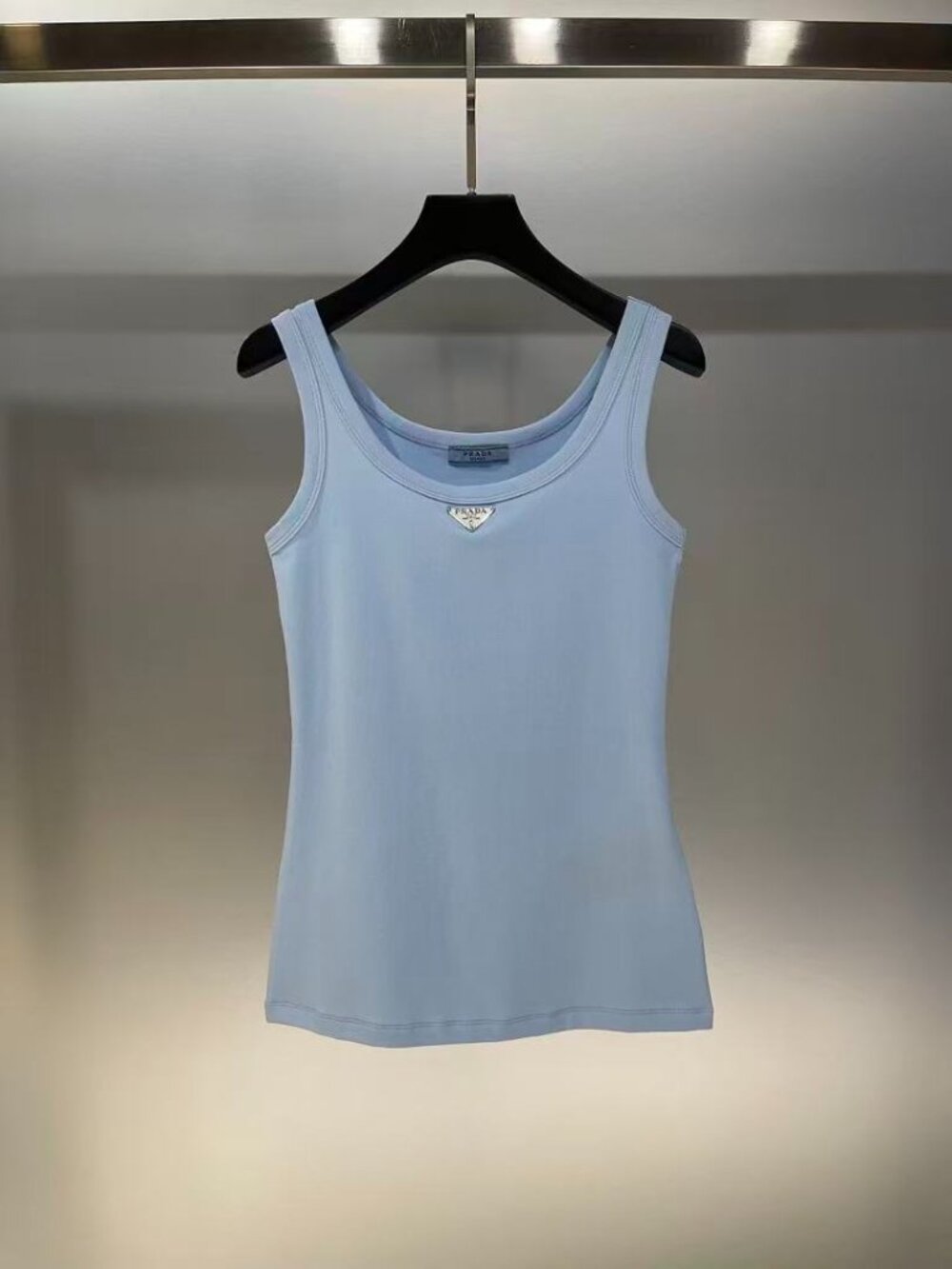 Prada Light Blue U-Neck Full Length Rib Tank Top Triangle Metal Logo Sleeveless
